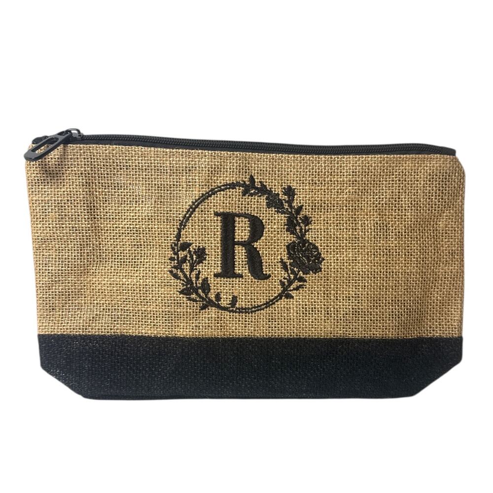 Makeup Bag Jute Cosmetic Pouch Gift Travel Case Monogram Initial R NEW